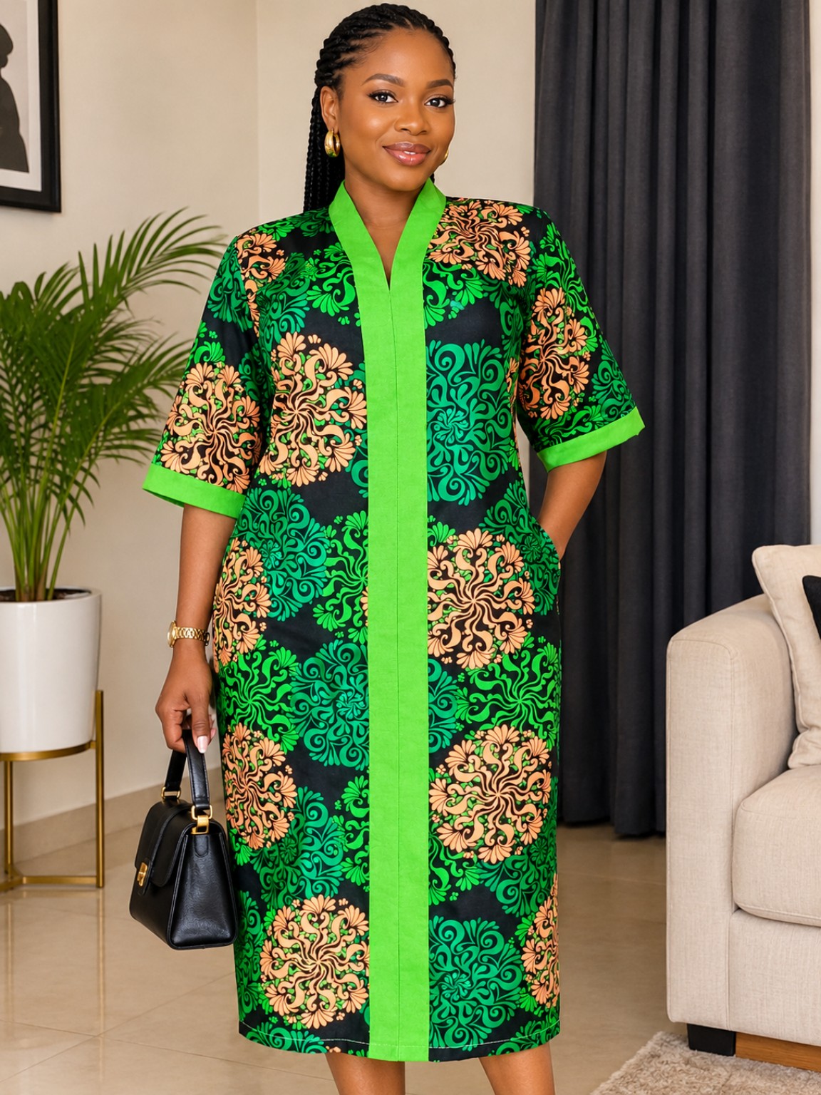 Emerald green patterned midi dress