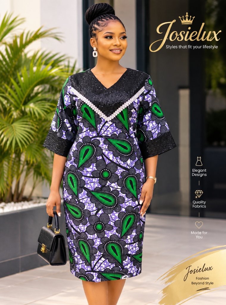 Violet and emerald Ankara shift dress with sequin neckline