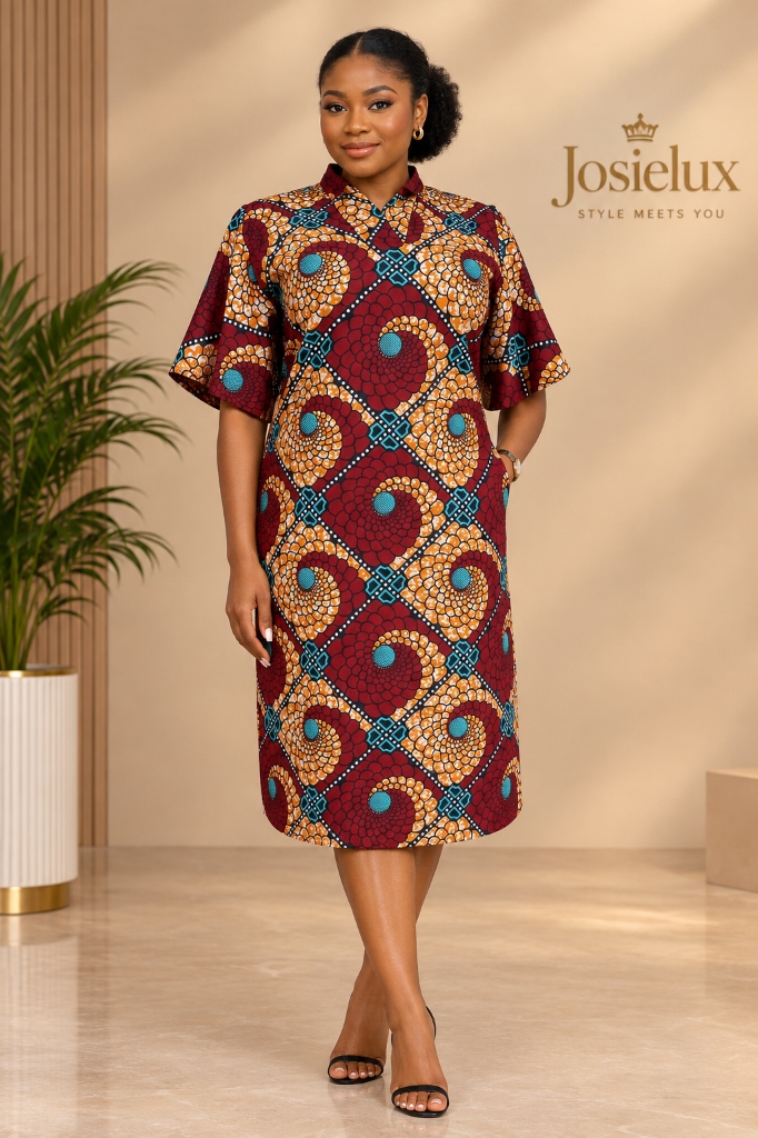 Burgundy and amber swirl collared Ankara midi dress