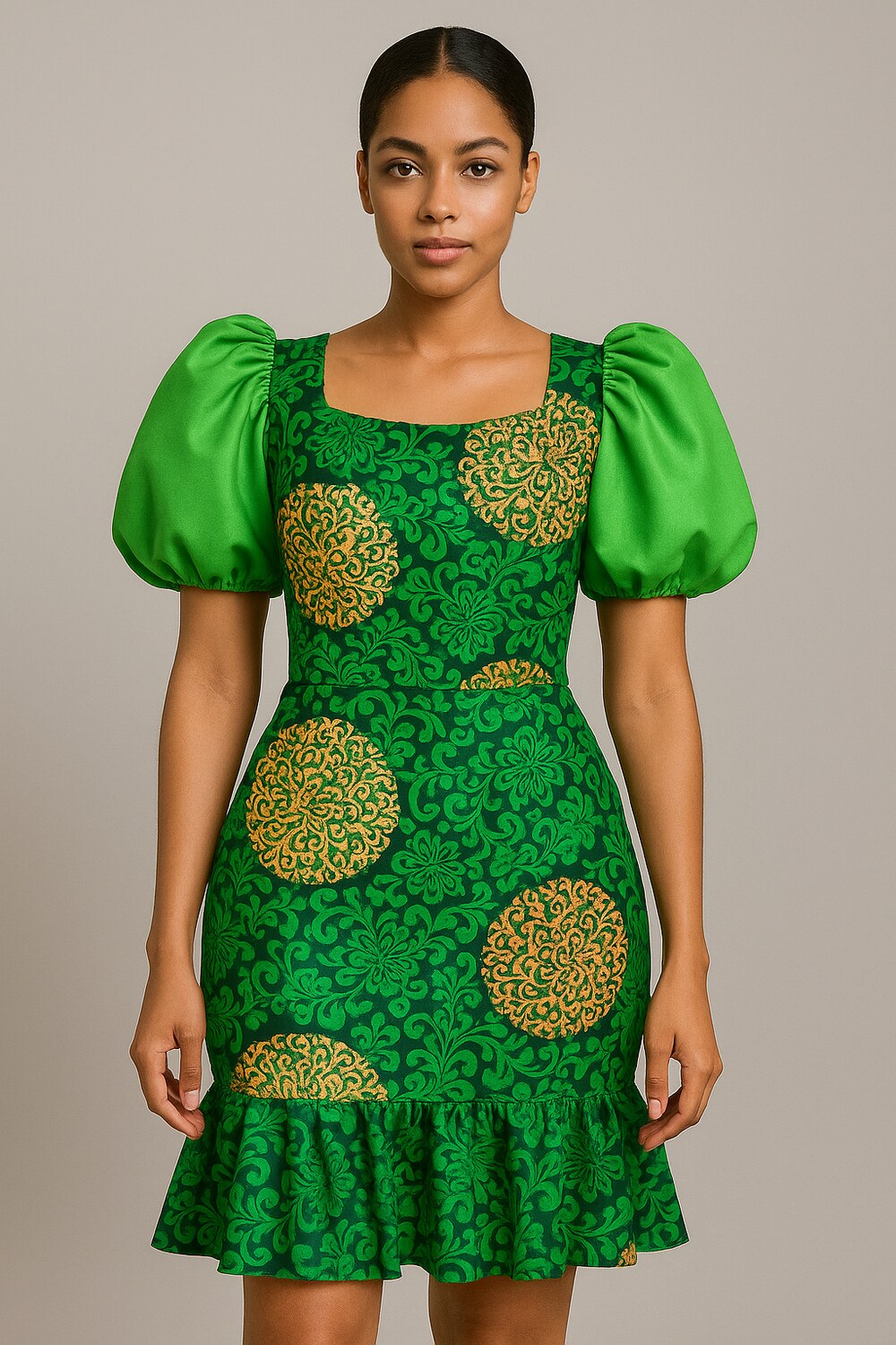 Emerald and gold puff-sleeve dress