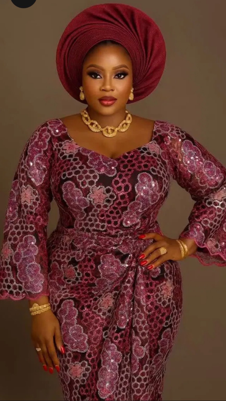 Burgundy sequin lace aso-ebi gown with gele