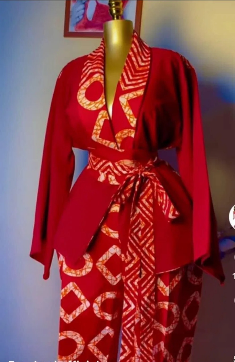 Red batik-print kimono wrap set on mannequin