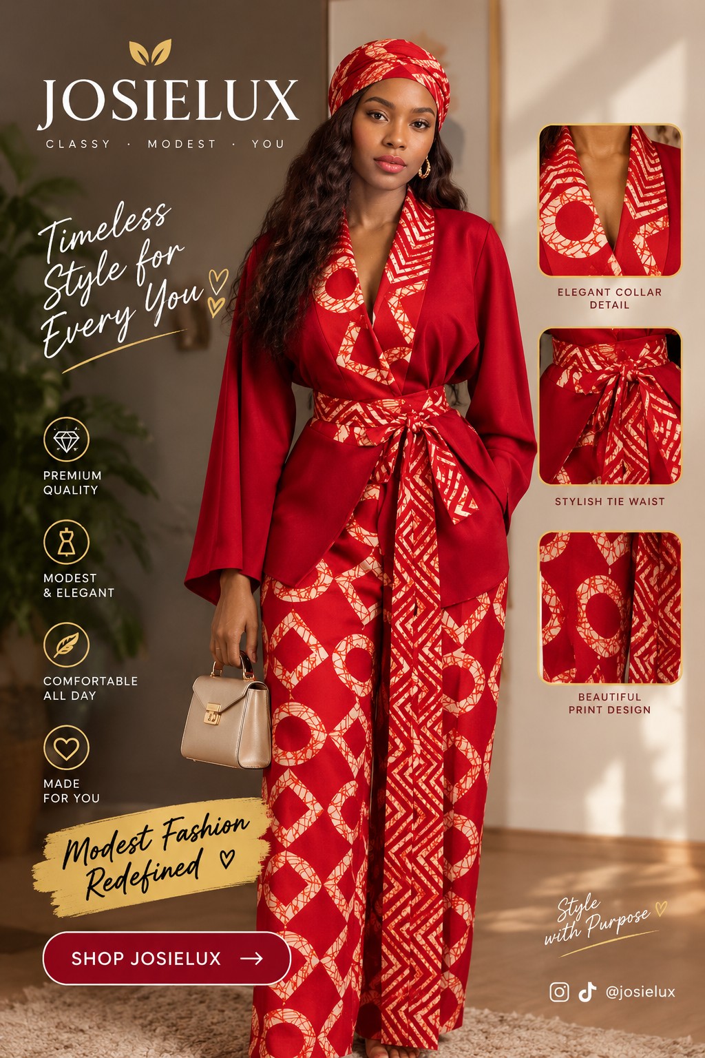 Red batik-print kimono wrap set
